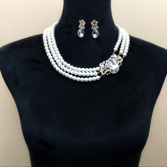 3 Row Rhinestone & Pearl Formal Statement Necklace & Earrings Set - Picture 2 of 2